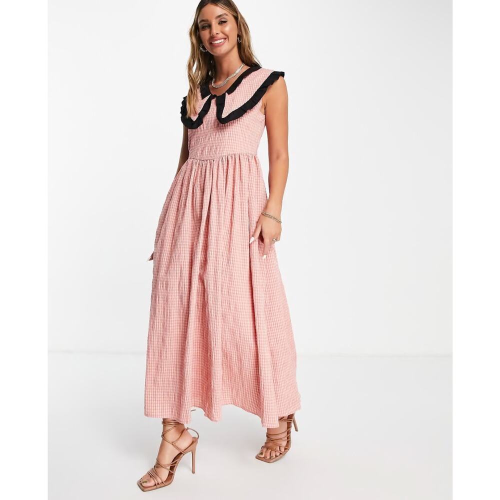 Pink Gingham Maxi Dress with Contrast Collar